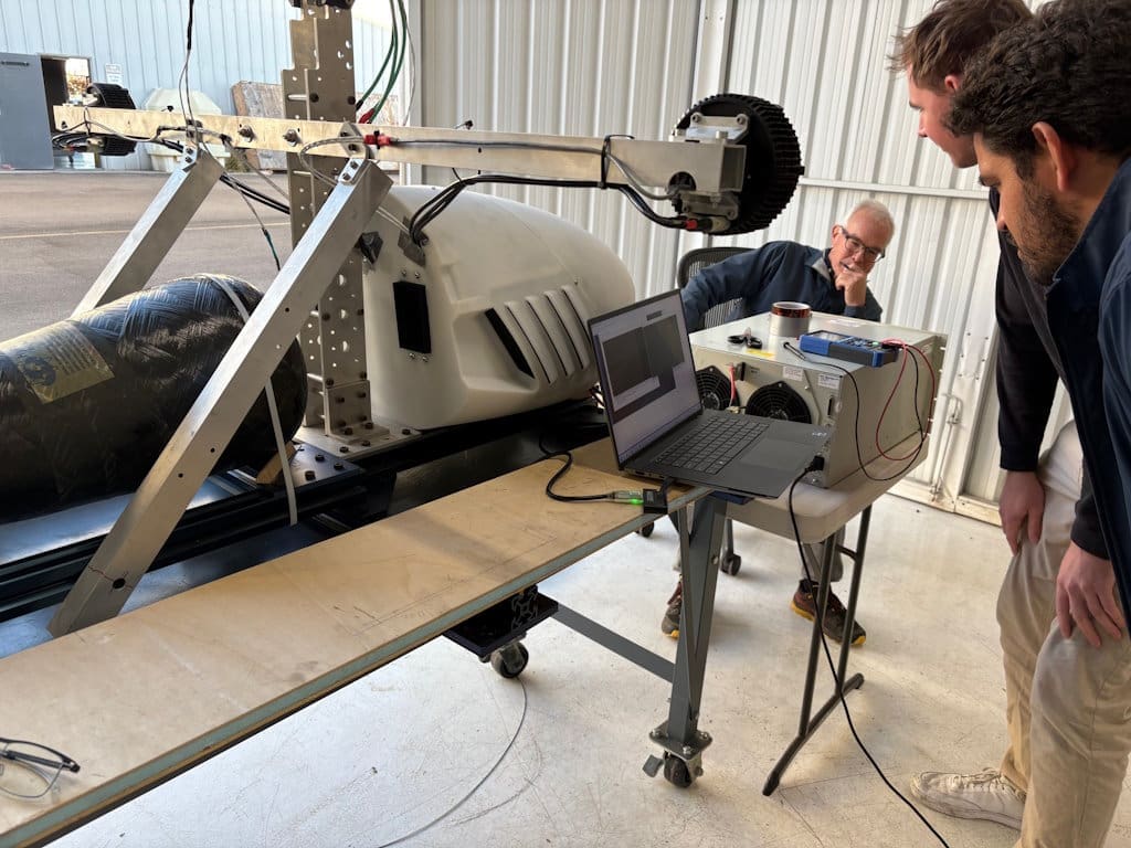 The Unmanned Aerospace team testing the hydrogen-electric powertrain as part of an iron bird. 